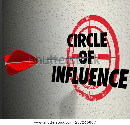 Circle of Influence words on a target with arrow hitting it to illustrate communicating a message to your contacts, friends and family for sales or business mission