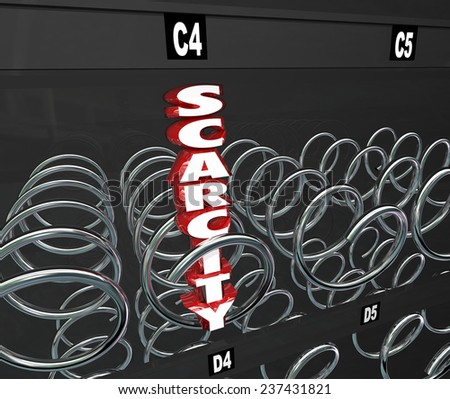 Scarcity word in 3d letters in a snack or vending machine as the last one left in a product that is in rare or limited supply and high demand