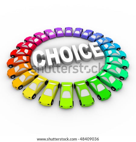Cars of many different colors in ring around the word Choice