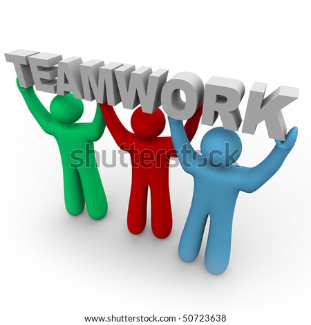 Three People Hold Up The Word Teamwork Together Stock Photo 50723638 ...