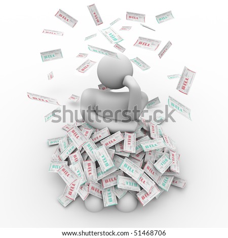 A person sits in a pile of bills, thinking of a way out