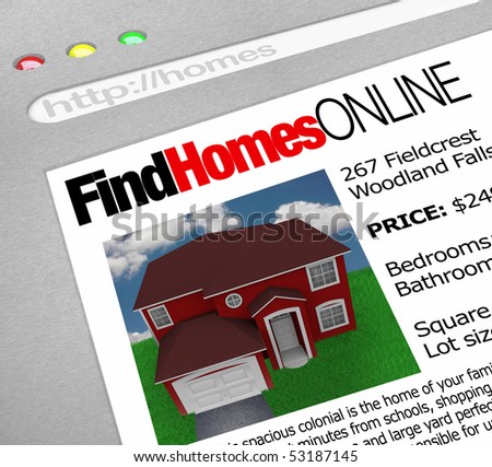 A web browser window shows the words Find Homes Online and a picture of a house