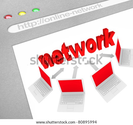 A web browser window shows the words Social Network and a connected grid of white laptop computers