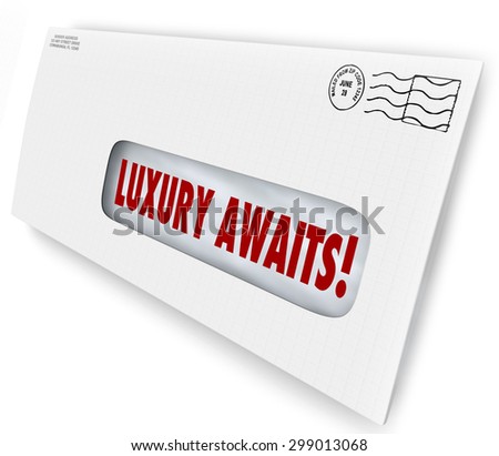 Luxury Awaits words in an envelope for special exclusive letter or invitation to VIP sale, or lush, fancy party or product