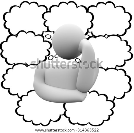 Thinker and many thought clouds or bubbles with lots of ideas and creative thinking and blank space for your words, text, message or copy