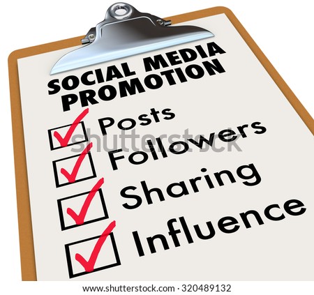 Social Media Promotion checklist on a clipboard with check marks and boxes for Posts, Followers, Sharing and Influence