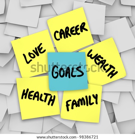 Many sticky notes with your personal Goals written on them including love, family, career, wealth and health -- the elemetns of a successful, fulfilling life