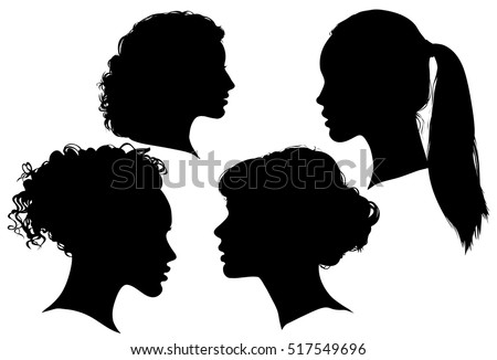 Portrait of beautiful girl with a hairstyle, a woman in profile, isolated outline silhouette - vector illustrations set.