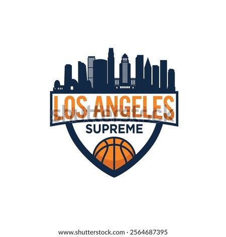 Los Angeles, California, United States of America, city skyline with basketball ball and shield.