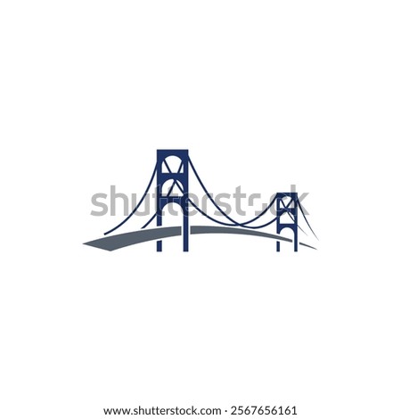 A stylized illustration of a suspension bridge with two towers and curved cables