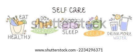 A set of 5 illustrations with tips for good mental health. Healthy eating, exercise, good sleep, rest and drinking plenty of water. All inscriptions are handwritten. Vector.