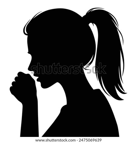 Black silhouette profile of a young woman with long hair tied back coughing into her hand.