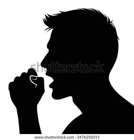 Black and white silhouette of a man covering his mouth while coughing.