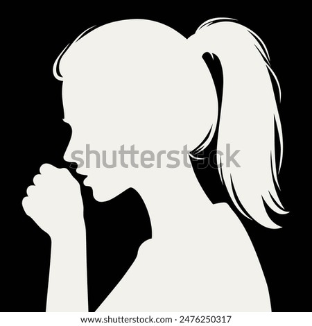 Black silhouette profile of a young woman with long hair tied back coughing into her hand.