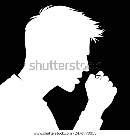 Black and white silhouette of a man with spiky hair coughing into his hand.