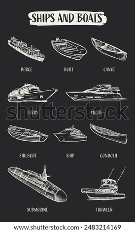 Hand drawn illustration set of different types of boats and ships.