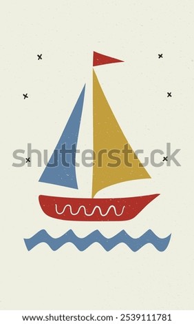 Minimalist illustration of a simple sailboat with a red hull, blue and yellow sails, and a red flag