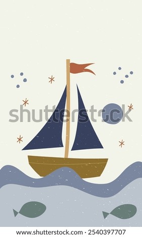 Playful illustration of a sailboat with a blue sail and a red flag, sailing on a wavy sea with two fish swimming below.