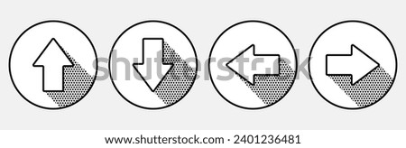 Up, down, left, right. Set of black and white vector round icons with arrows. Arrows for direction.