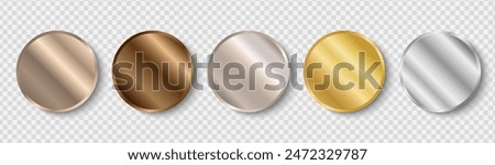 Round metal realistic frames, medals or stickers. Silver, gold, bronze medal template.