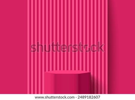 Pink magenta hexagon stand product podium 3D background with vertical serrated pattern on wall. Minimal wall scene mockup product stage for showcase, Promotion display. Abstract vector geometric forms