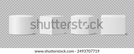 Pedestals or podium, abstract geometric empty museum scenes, exhibits for award ceremony or product presentation. Gallery platform, geometric empty product stands, realistic 3d vector set