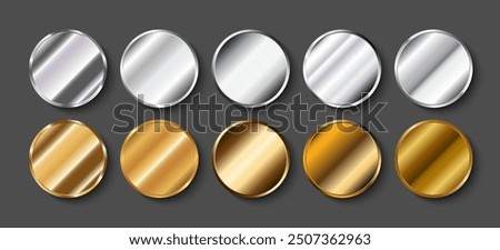 Realistic round metal templates of medals, coins or badges. Gold and silver round vector frames.