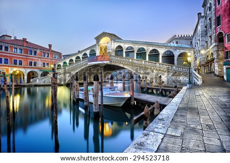 Morning twilight Grand canal and Rialto Bridge in Venice, Italy