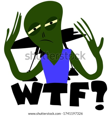 What's happening? Surprised green alien on the background of a flying saucer. Flat monster with emotion of disapproval and sarcasm.Stock illustration for sticker, emblem, print, children's book, logo.