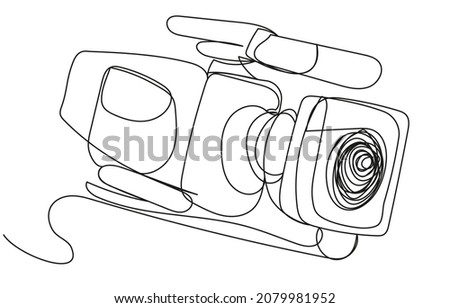 Professional large camera drawn with one line on a white background. Concept of cinema, news, journalism, content creation. Vector illustration with director's tools.  Video shooting process.