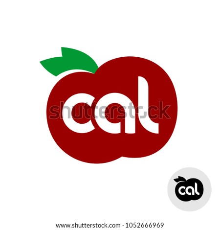 Calories icon with red apple and green leaves silhouette. Cal letters logo with ripe fruit shape.