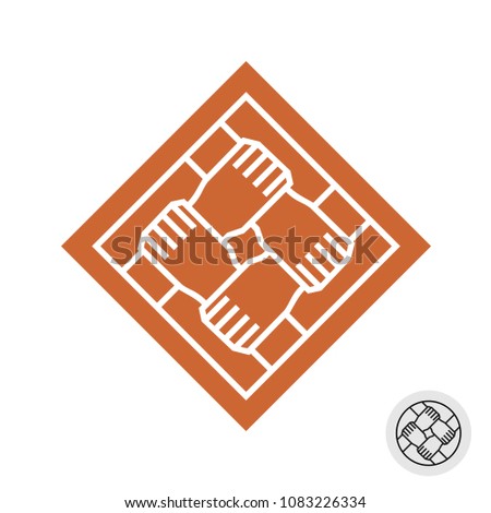Four hands teamwork logo. Square symbol of four people hands holding together as grid knot. Line style co-working icon. Team of people creative sign.