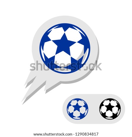 Football soccer ball with stars logo. Flying with tail. Black, white, and blue. Champions league sign like.