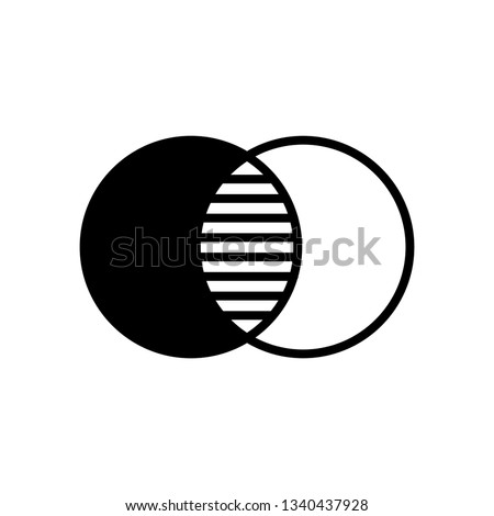 Overlap, overlay, intersection, opacity or transparency icon. Black and white color circles with hatching in an intersect area. Adjustable stroke.