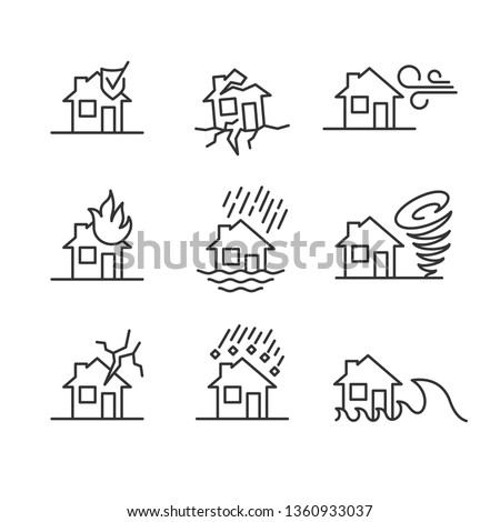 Natural disasters line style symbols. Accidents with house icons set. House insurance cases signs. Editable stroke width.