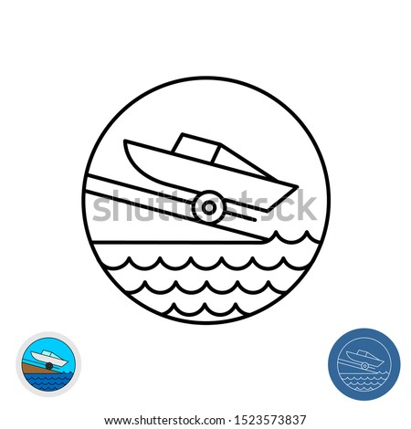 Boat ramp outline icon. Motor boat slip round sign. Marina launch place symbol with water waves.