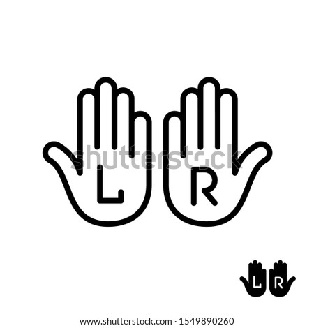 Left and right hand palms with letters L and R signs. Line style icon. Adjustable stroke width.
