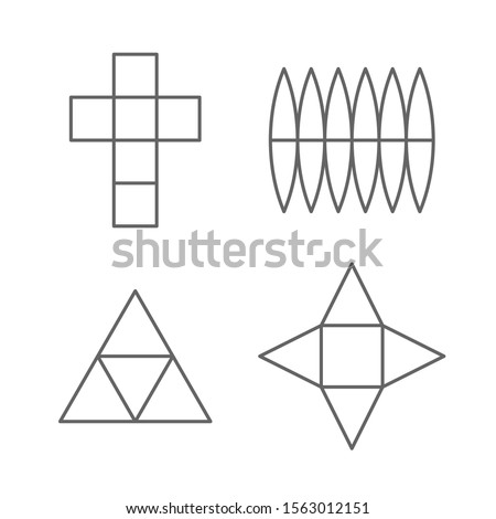 Set of 3D fugure shapes on a plane. Line drawing planar projections of a cube, sphere, prism and pyramid. Unwrapping contours of 3D objects. Adjustable stroke width.