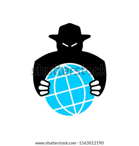 World aggressor symbol. Black silhouette of unknown evil person grabbing the Earth globe. World conspiracy logo.