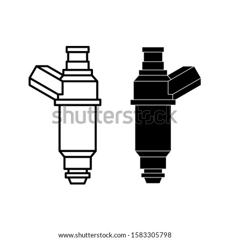 Car fuel injector illustration. Engine injection element. Line style and silhouette versions. Adjustable stroke width.