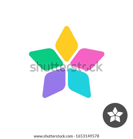 Colorful splitted star logo. Five rhombus pieces of a rounded star painted to a different  colors sign.