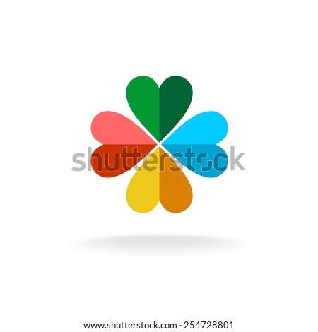 Sign of a four leaves clover from two colors heart shaped figures. Flat paper style logo.