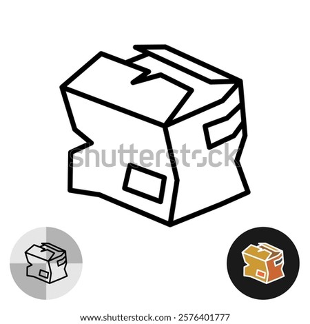 Damaged shipping box vector icon on white background. Delivery issues concept. Line art illustration of cardboard package. Adjustable stroke.