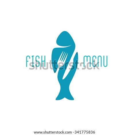 Fish food restaurant menu title logo. Silhouette of a fish with negative space style fork and knife cutlery.