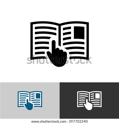 Instruction manual icon. Open book pages with text, images and hand pointer cursor symbol.