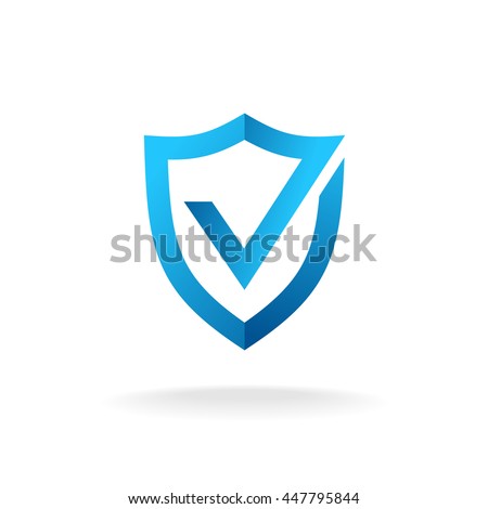 Shield with check mark badge logo. Secure is ok sign. Blue colors.