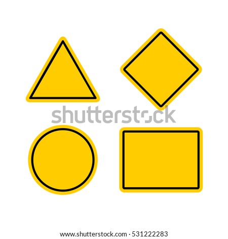 Empty warning sign templates set. Triangle, square or rhombus, round and rectangle shapes. Yellow orange color with black frame.