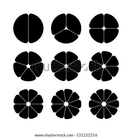 Circle segments set. Various number of sectors divide the circle on equal parts. From 2 to 10. Black flat fill. Rounded corners.