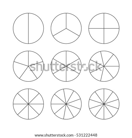 Circle segments set. Various number of sectors divide the circle on equal parts. From 2 to 10. Black thin outline graphics.