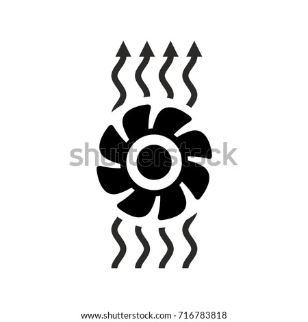 Ventilation icon. Fan with air waves flow up symbol. Exhaust fan switch black sign.